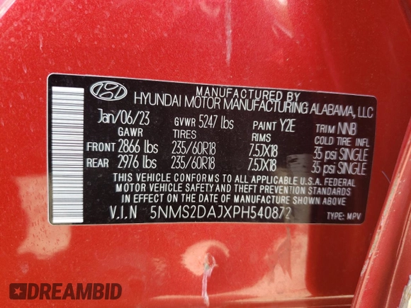 2023 Hyundai Santa Fe SEL z VIN 5NMS2DAJXPH540872, wystawiony jako Copart lot #53210975 z przebiegiem 15 575 mil mil oraz Szkoda całkowita • Salvage title. Historia ofert i sprzedaży dostępna na DreamBid. Obrazek 13.