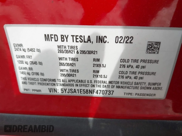 2022 Tesla Model S with VIN 5YJSA1E58NF470737, listed as a IAAI auction lot 42035040 with 15,224 mi miles and . Bid and sale history available at DreamBid. Image 9.