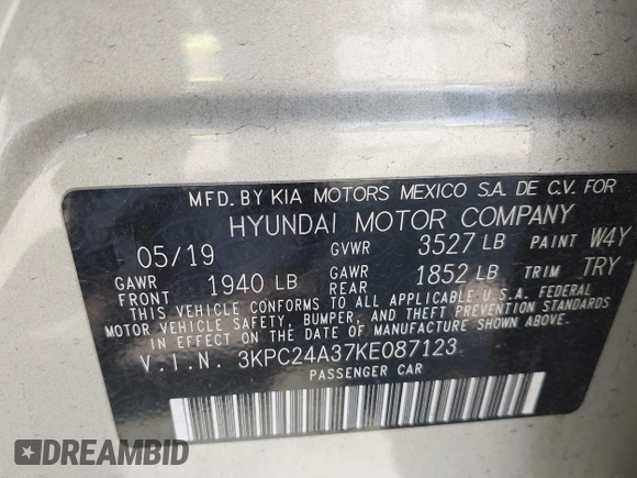 2019 Hyundai Accent SE with VIN 3KPC24A37KE087123, listed as a IAAI auction lot 41837687 with 99,443 mi miles. Bid and sale history available at carsss.com. Image 9.