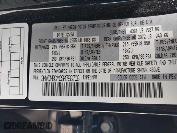 2025 Mazda CX-30 S Preferred with VIN 3MVDMBCM0SM798708, listed as a IAAI auction lot 42133091 with 4,305 mi miles and . Bid and sale history available at DreamBid. Image 9.