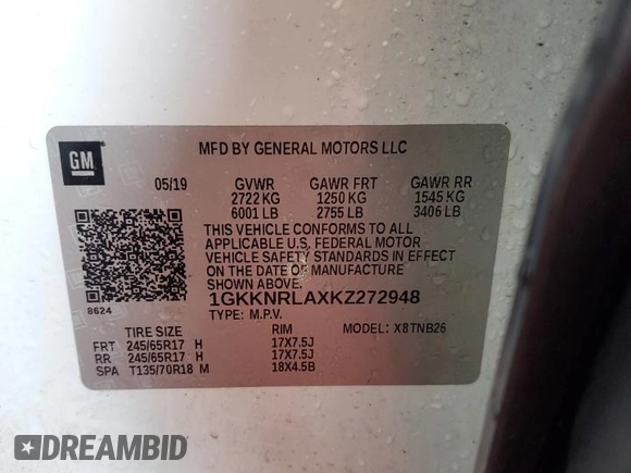 2019 GMC Acadia SLE with VIN 1GKKNRLAXKZ272948, listed as a Copart auction lot 60263105 with 85,380 mi miles and Salvage title. Bid and sale history available at DreamBid. Image 13.