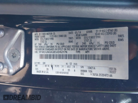 2014 Ford Escape SE with VIN 1FMCU9GX2EUD52176, listed as a IAAI auction lot 41628674 with 101,049 mi miles. Bid and sale history available at carsss.com. Image 9.