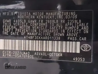 2010 Toyota Camry with VIN 4T4BF3EK4AR011338, listed as a IAAI auction lot 42141601 with 184,395 mi miles and . Bid and sale history available at DreamBid. Image 9.