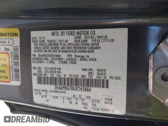 2016 Ford Fusion S with VIN 3FA6P0G70GR245860, listed as a IAAI auction lot 41208849 with 123,565 mi miles. Bid and sale history available at carsss.com. Image 9.
