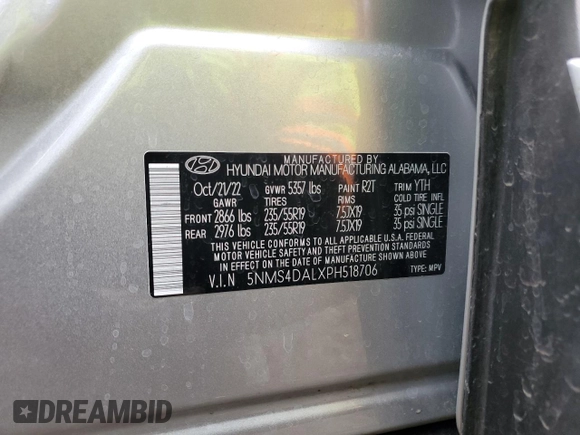 2023 Hyundai Santa Fe Limited with VIN 5NMS4DALXPH518706, listed as a Copart auction lot 41912463 with 5,463 mi miles and . Bid and sale history available at DreamBid. Image 13.