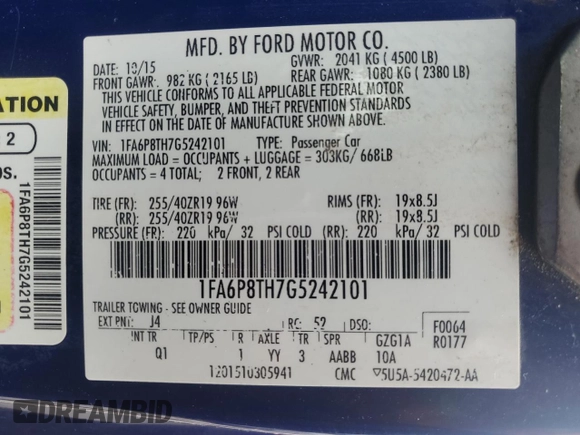 2016 Ford Mustang EcoBoost with VIN 1FA6P8TH7G5242101, listed as a Copart auction lot 55038955 with 156,520 mi miles and Salvage title. Bid and sale history available at DreamBid. Image 13.