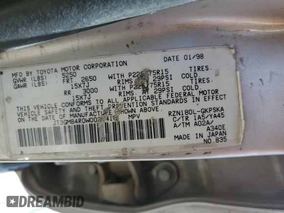 1998 Toyota 4Runner with VIN JT3GM84R0W0027416, listed as a Copart auction lot 58715195 with 319,996 mi miles and Salvage title. Bid and sale history available at DreamBid. Image 12.