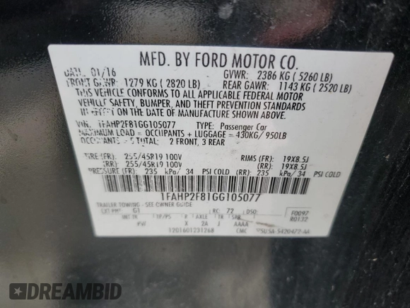 2016 Ford Taurus Limited with VIN 1FAHP2F81GG105077, listed as a Copart auction lot 53185165 with 160,657 mi miles and Clean Title. Bid and sale history available at DreamBid. Image 12.