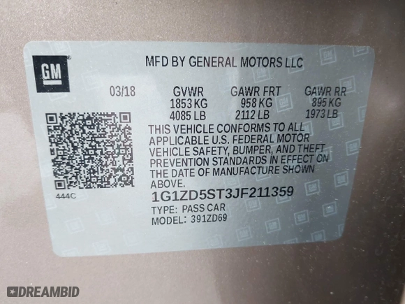 2018 Chevrolet Malibu LT with VIN 1G1ZD5ST3JF211359, listed as a IAAI auction lot 41964040 with 104,037 mi miles. Bid and sale history available at carsss.com. Image 9.
