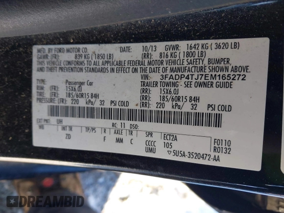 2014 Ford Fiesta S z VIN 3FADP4TJ7EM165272, wystawiony jako IAAI lot #41332917 z przebiegiem 115 508 mil mil oraz . Historia ofert i sprzedaży dostępna na DreamBid. Obrazek 9.