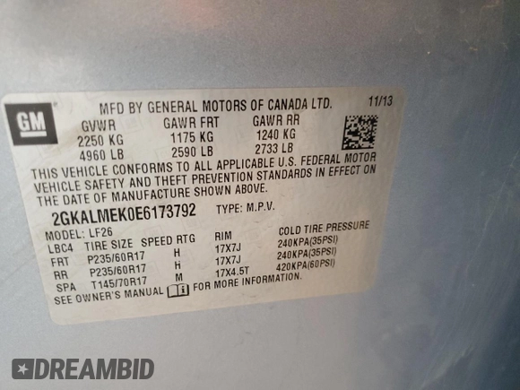 2014 GMC Terrain SLE with VIN 2GKALMEK0E6173792, listed as a Copart auction lot 45666165 with 43,169 mi miles and Salvage Title. Bid and sale history available at DreamBid. Image 13.