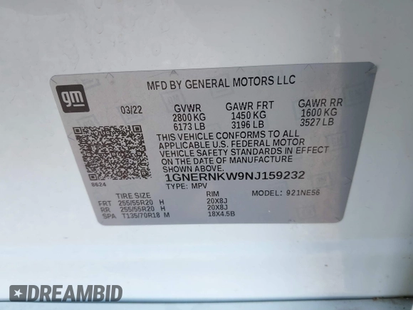 2022 Chevrolet Traverse High Country with VIN 1GNERNKW9NJ159232, listed as a IAAI auction lot 42368555 with 40,188 mi miles and . Bid and sale history available at DreamBid. Image 9.