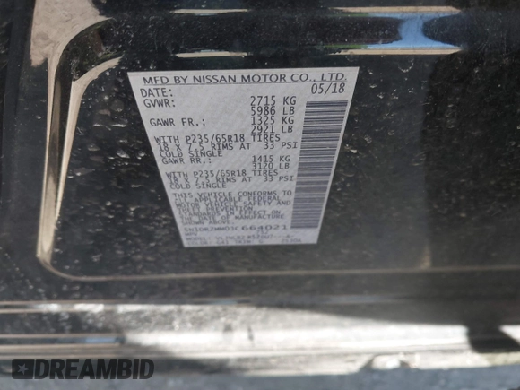 2018 Nissan Pathfinder S with VIN 5N1DR2MM0JC664021, listed as a IAAI auction lot 41741100 with 106,786 mi miles and . Bid and sale history available at DreamBid. Image 9.