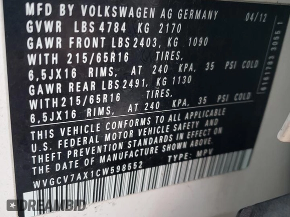 2012 Volkswagen Tiguan with VIN WVGCV7AX1CW598552, listed as a Copart auction lot 41582135 with 149,666 mi miles and Clean Title. Bid and sale history available at DreamBid. Image 13.