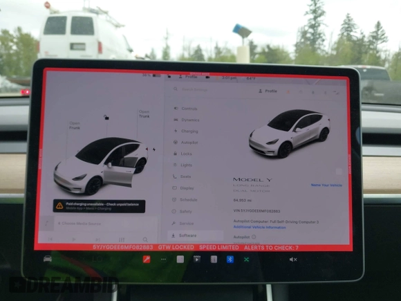 2021 Tesla Model Y Long Range with VIN 5YJYGDEE6MF082883, listed as a IAAI auction lot 42078807 with 64,953 mi miles. Bid and sale history available at carsss.com. Image 7.