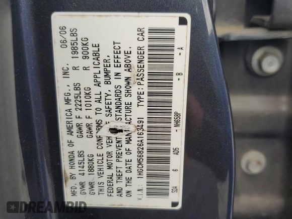 2006 Honda Accord EX-L z VIN 1HGCM56826A163491, wystawiony jako Copart lot #54251235 z przebiegiem 196 630 mil mil oraz Szkoda całkowita • Salvage title. Historia ofert i sprzedaży dostępna na DreamBid. Obrazek 12.
