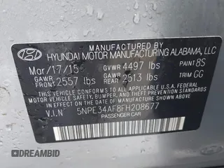 2015 Hyundai Sonata 2.4L Sport with VIN 5NPE34AF8FH208677, listed as a IAAI auction lot 41615270 with 141,639 mi miles. Bid and sale history available at carsss.com. Image 9.