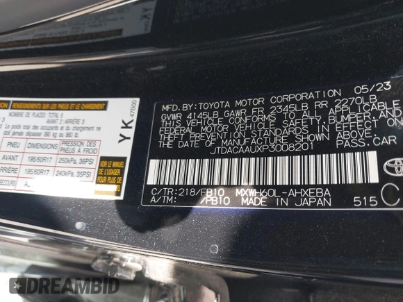 2023 Toyota Prius LE with VIN JTDACAAUXP3008201, listed as a IAAI auction lot 41824469 with 27,864 mi miles and . Bid and sale history available at carsss.com. Image 9.