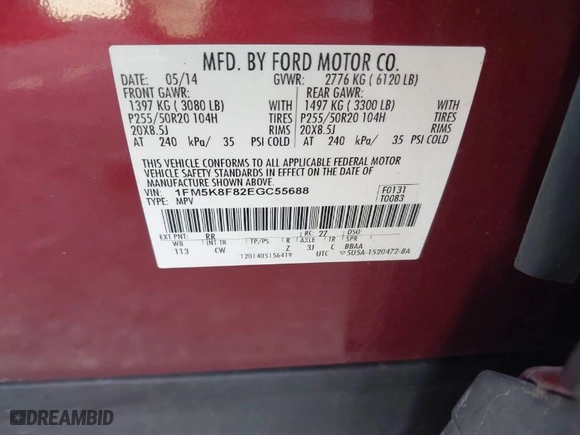 2014 Ford Explorer Limited with VIN 1FM5K8F82EGC55688, listed as a IAAI auction lot 41772109 with 191,098 mi miles. Bid and sale history available at carsss.com. Image 9.