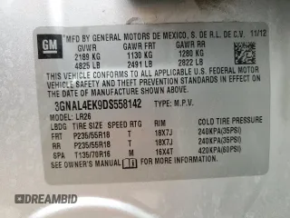 2013 Chevrolet Captiva Sport LTZ with VIN 3GNAL4EK9DS558142, listed as a Copart auction lot 53710185 with 147,566 mi miles and Salvage Title. Bid and sale history available at DreamBid. Image 13.