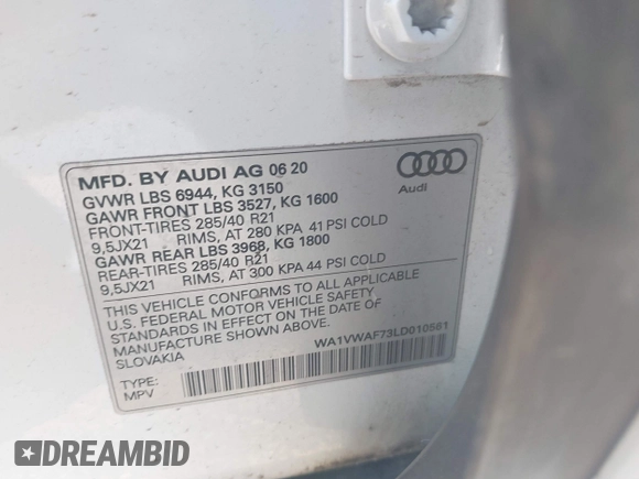 2020 Audi SQ7 z VIN WA1VWAF73LD010561, wystawiony jako IAAI lot #41344764 z przebiegiem Nie podano mil oraz . Historia ofert i sprzedaży dostępna na DreamBid. Obrazek 9.