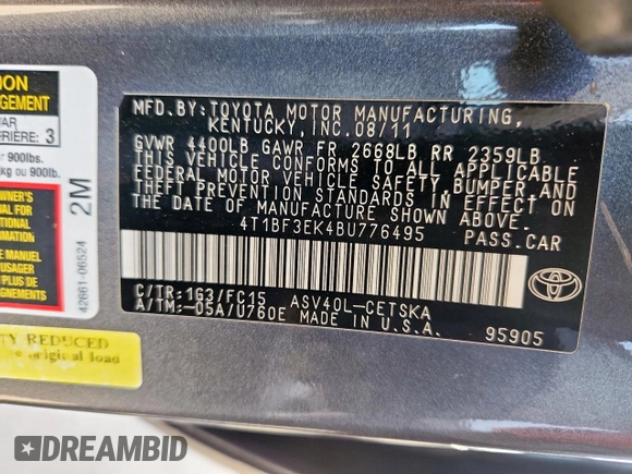 2011 Toyota Camry LE with VIN 4T1BF3EK4BU776495, listed as a Copart auction lot 61897675 with 139,296 mi miles and Salvage title. Bid and sale history available at DreamBid. Image 12.