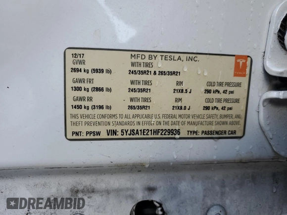 2017 Tesla Model S 100D z VIN 5YJSA1E21HF229936, wystawiony jako Copart lot #54734955 z przebiegiem 125 511 mil mil oraz Szkoda całkowita • Salvage title. Historia ofert i sprzedaży dostępna na DreamBid. Obrazek 13.