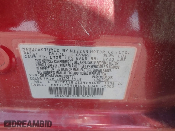 2021 Nissan Versa SV z VIN 3N1CN8EV4ML886711, wystawiony jako IAAI lot #42411222 z przebiegiem 55 401 mil mil oraz . Historia ofert i sprzedaży dostępna na DreamBid. Obrazek 9.