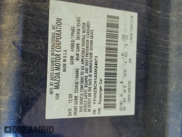 2010 Mazda 6 i Touring with VIN 1YVHZ8CH1A5M24973, listed as a Copart auction lot 76993654 with 196,759 mi miles and Salvage Title. Bid and sale history available at DreamBid. Image 12.