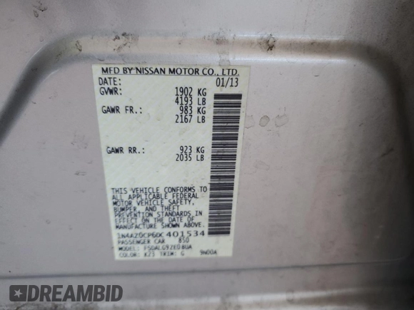 2013 Nissan LEAF SL with VIN 1N4AZ0CP6DC401534, listed as a Copart auction lot 59975645 with 98,791 mi miles and Clean title. Bid and sale history available at DreamBid. Image 12.