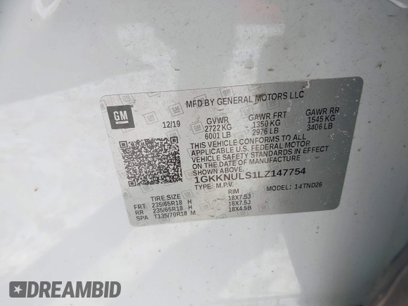 2020 GMC Acadia SLT with VIN 1GKKNULS1LZ147754, listed as a IAAI auction lot 41629826 with 85,528 mi miles and . Bid and sale history available at DreamBid. Image 9.