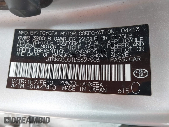 2013 Toyota Prius One with VIN JTDKN3DU1D5627906, listed as a IAAI auction lot 41971669 with 227,726 mi miles. Bid and sale history available at carsss.com. Image 9.
