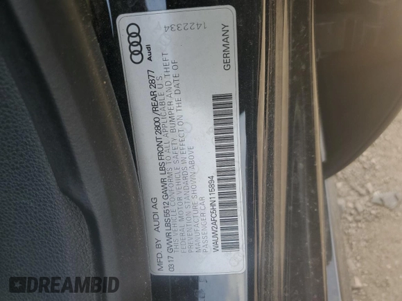 2017 Audi A7 Premium Plus with VIN WAUW2AFC5HN115894, listed as a Copart auction lot 54017284 with 66,704 mi miles and Salvage Title. Bid and sale history available at carsss.com. Image 13.