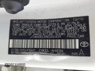 2011 Toyota Prius I with VIN JTDKN3DU9B0260439, listed as a IAAI auction lot 42134988 with 209,932 mi miles and . Bid and sale history available at DreamBid. Image 9.