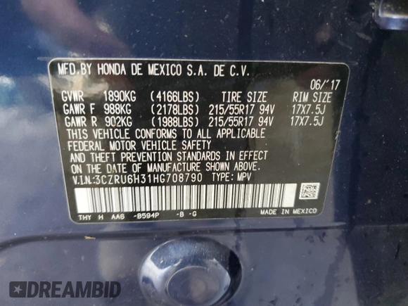 2017 Honda HR-V LX with VIN 3CZRU6H31HG708790, listed as a Copart auction lot 76063373 with 171,670 mi miles and Non Repairable. Bid and sale history available at carsss.com. Image 12.