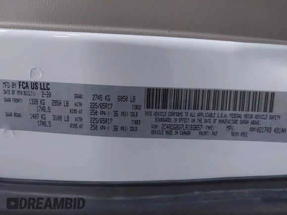 2020 Dodge Grand Caravan SE with VIN 2C4RDGBG7LR183857, listed as a IAAI auction lot 41655582 with 88,161 mi miles and . Bid and sale history available at DreamBid. Image 9.