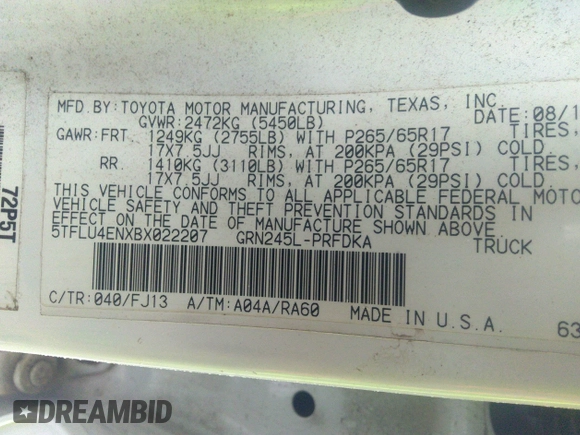 2011 Toyota Tacoma with VIN 5TFLU4ENXBX022207, listed as a IAAI auction lot 36494648 with 75,782 mi miles and . Bid and sale history available at DreamBid. Image 9.