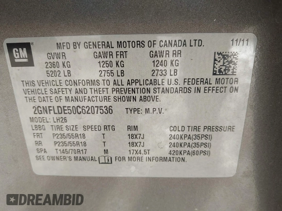 2012 Chevrolet Equinox LT w/1LT with VIN 2GNFLDE50C6207536, listed as a IAAI auction lot 41712094 with 191,782 mi miles. Bid and sale history available at carsss.com. Image 9.