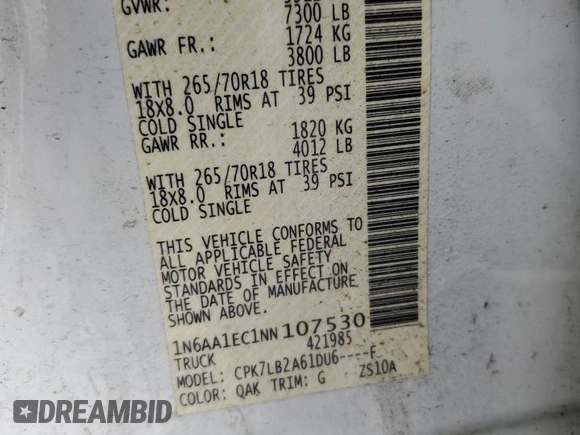 2022 Nissan Titan S with VIN 1N6AA1EC1NN107530, listed as a Copart auction lot 52035905 with 44,873 mi miles and Salvage title. Bid and sale history available at DreamBid. Image 12.