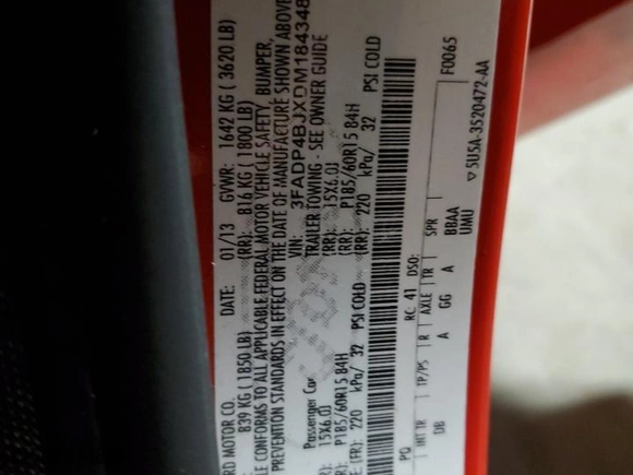 2013 Ford Fiesta SE with VIN 3FADP4BJXDM184348, listed as a Copart auction lot 50688105 with 127,549 mi miles and Salvage Title. Bid and sale history available at carsss.com. Image 12.