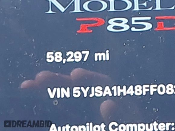 2015 Tesla Model S 85D with VIN 5YJSA1H48FF082038, listed as a IAAI auction lot 41712242 with 58,297 mi miles. Bid and sale history available at carsss.com. Image 15.