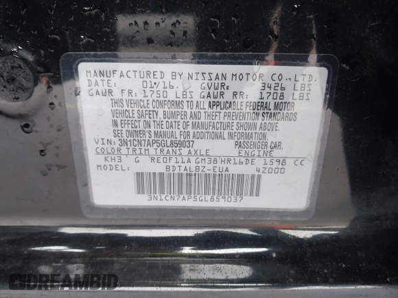 2016 Nissan Versa S Plus with VIN 3N1CN7AP5GL859037, listed as a IAAI auction lot 41199002 with 128,848 mi miles. Bid and sale history available at carsss.com. Image 9.
