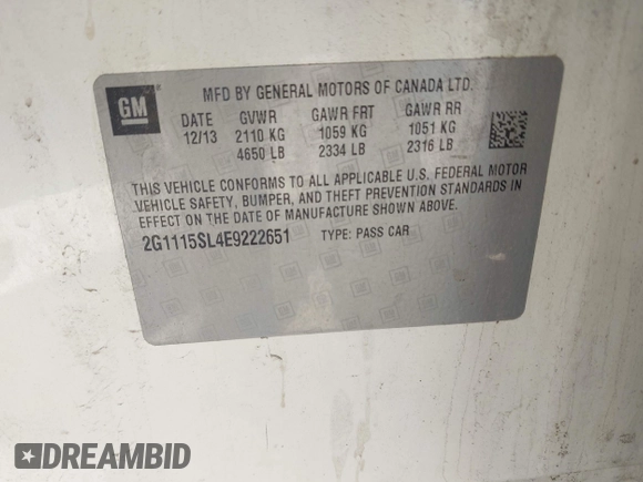 2014 Chevrolet Impala LT with VIN 2G1115SL4E9222651, listed as a IAAI auction lot 42066230 with 190,679 mi miles and . Bid and sale history available at DreamBid. Image 9.