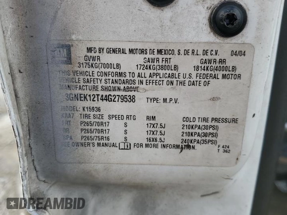 2004 Chevrolet Avalanche z VIN 3GNEK12T44G279538, wystawiony jako Copart lot #47115365 z przebiegiem Nie podano mil oraz Szkoda całkowita • Salvage title. Historia ofert i sprzedaży dostępna na DreamBid. Obrazek 12.