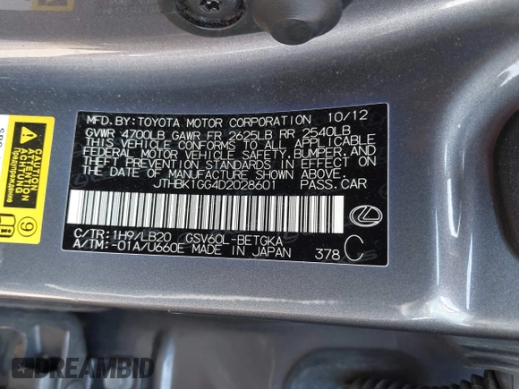 2013 Lexus ES 4dr Sdn with VIN JTHBK1GG4D2028601, listed as a IAAI auction lot 41922786 with 149,007 mi miles. Bid and sale history available at carsss.com. Image 9.