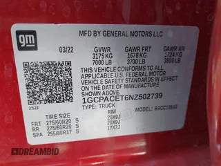 2022 Chevrolet Silverado 1500 with VIN 1GCPACET6NZ502739, listed as a IAAI auction lot 41989795 with 32,979 mi miles and . Bid and sale history available at DreamBid. Image 9.