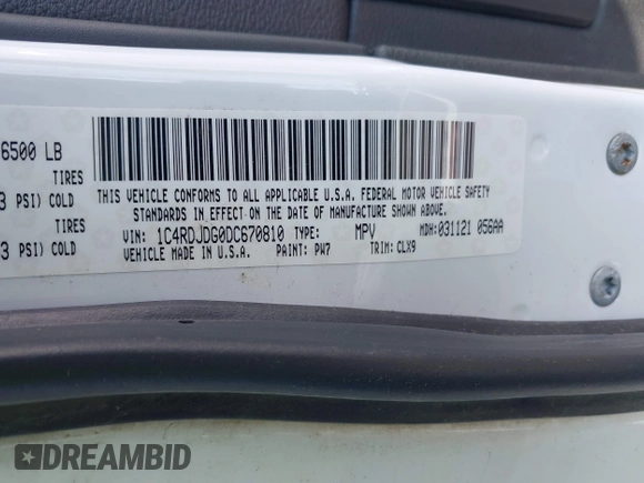 2013 Dodge Durango Crew with VIN 1C4RDJDG0DC670810, listed as a IAAI auction lot 41974024 with 209,379 mi miles and . Bid and sale history available at DreamBid. Image 9.