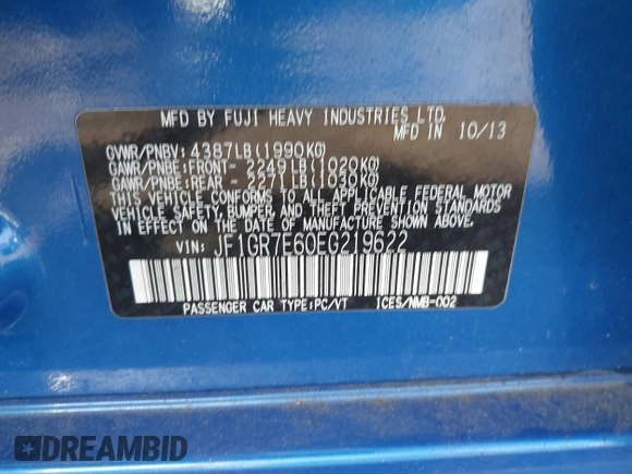 2014 Subaru WRX WRX с VIN JF1GR7E60EG219622, выставлен на аукционе IAAI как лот 41750721 с пробегом 105 322 миль миль и . История ставок и продаж доступна на DreamBid. Изображение 9.
