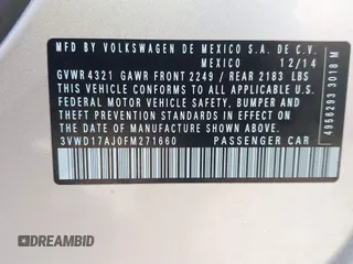2015 Volkswagen Jetta Sport with VIN 3VWD17AJ0FM271660, listed as a IAAI auction lot 42527496 with 115,008 mi miles and . Bid and sale history available at DreamBid. Image 9.