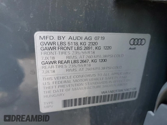2019 Audi Q3 Premium with VIN WA1AECF38K1087128, listed as a Copart auction lot 66690412 with 16,575 mi miles. Bid and sale history available at carsss.com. Image 10.